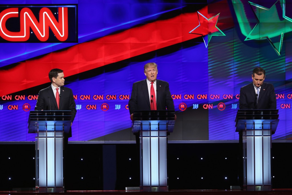 CORAL GABLES, FL - MARCH 10:  Republican presidential candidates, Sen. Marco Rubio (R-FL), Donald Trump, Sen. Ted Cruz (R-TX), and Ohio Gov. John Kasich (not seen) debate during the CNN, Salem Media Group, The Washington Times Republican Presidential Primary Debate on the campus of the University of Miami on March 10, 2016 in Coral Gables, Florida. The candidates continue to campaign before the March 15th Florida primary.  (Photo by Joe Raedle/Getty Images)